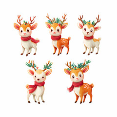 Obraz premium Cute Watercolor Christmas Baby Reindeer Set with Red Scarves and Pine Antlers for Holiday Stickers, Nursery Wall Art, and Seasonal Greeting Cards.