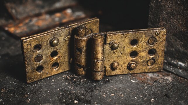 Close-Up of Antique Rusty Hinge on Old Wooden Surface