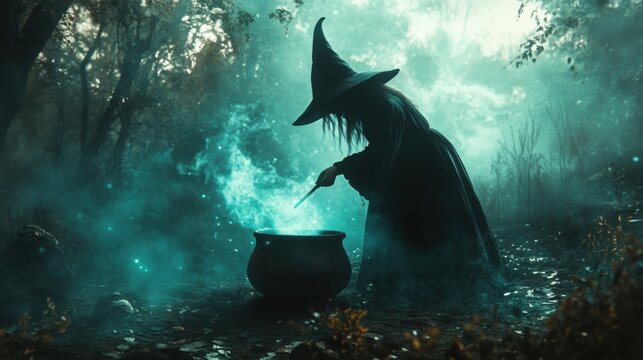 Witch Brewing a Mystical Potion in a Smoky Forest