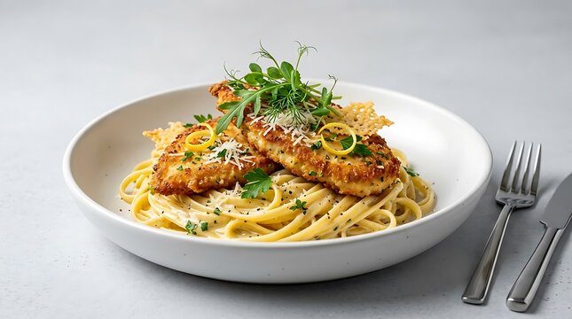 Delicious grilled chicken breast served with creamy pasta and fresh herbs on a plate. chicken romano illustration
