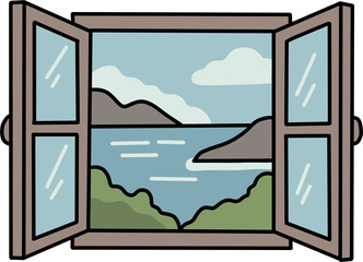 Fototapeta premium Open window frame overlooking scenic ocean and mountain landscape
