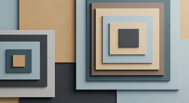 Concentric squares of varying sizes and muted colors create a modern abstract background.