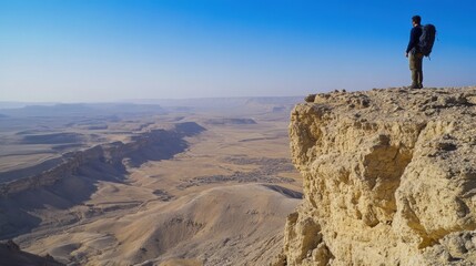 Fototapeta premium Backpacker Views Desert Expanse From Cliff Edge