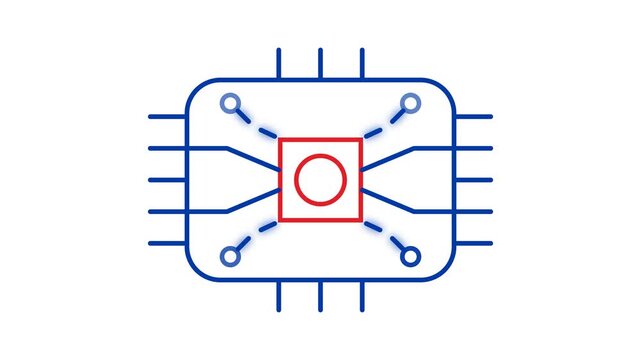 Animated computer processor chip icon with pulsing line art