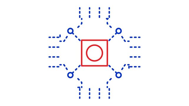 Technology hub icon animation showing centralized data nodes connecting on a white background for cloud computing and business systems.