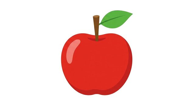 A bright red apple with a single green leaf on a stem rotates against white background footage