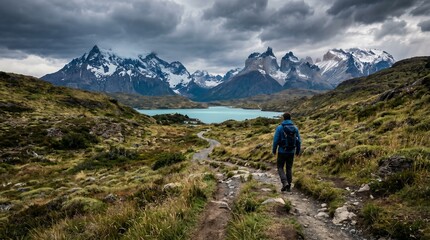 Fototapeta premium Solo hiker with backpack walking on trail toward snow capped mountains