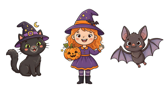 Cute cartoon halloween characters set including little witch black cat and bat