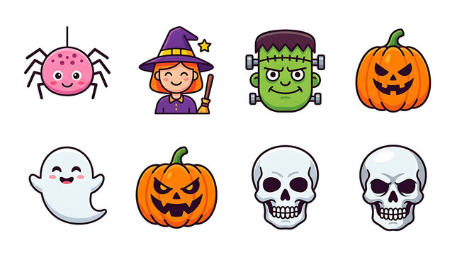 Halloween icon set with cute witch skull ghost frankenstein pumpkin and spider