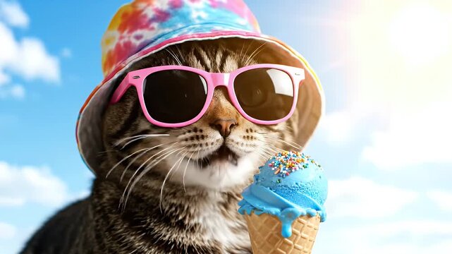Tabby cat wearing a tie dye bucket hat and pink sunglasses eating blue ice cream