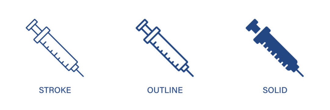 Syringe, injection icon with editable stroke, outline and solid styles. Syringe icons. Vector icon illustration.