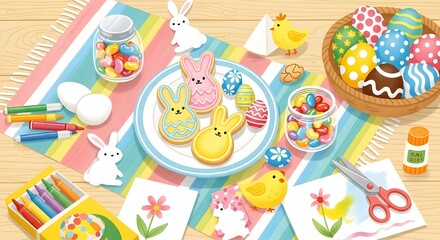 Naklejka premium Festive Easter flat lay illustration featuring colorful decorated eggs, sweet cookies, candy, and craft supplies on a table