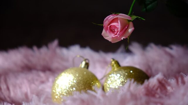 Festive details, Golden baubles on a fluffy throw, holiday magic! Delicate rosebud and fluffy  throw drape adding to the sense of comfort in the room. Quiet winter day at home, comfort, quiet beauty.