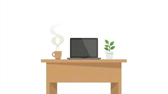 Minimalist office desk setup with a sleek laptop computer a houseplant and a steaming mug of coffee