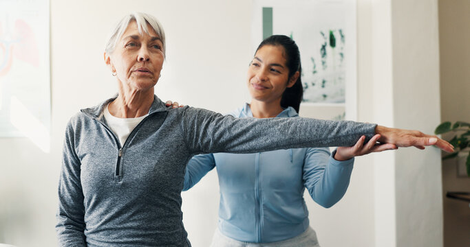 Smile, old woman and stretching in office for physio, assessment and recovery from injury. Physiotherapist, help and senior person at clinic for physical therapy, evaluation and muscle rehabilitation