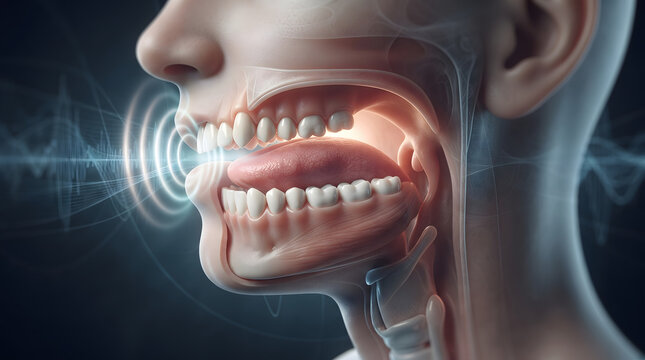 3D medical illustration of human mouth and throat cross section showing speech production with vocal cords, tongue, teeth, and sound waves