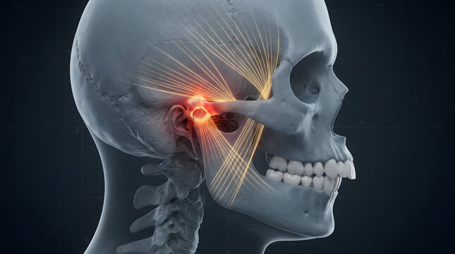 3D medical illustration of a human skull showing temporomandibular joint TMJ pain with glowing red inflammation and nerve tension lines