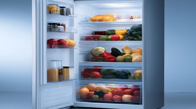 A well  ed refrigerator filled with colorful fruits and vegetables arranged neatly on shelves and drawers