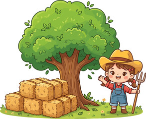 Cute Cartoon Farmer Girl Holding Pitchfork Next to Hay Bales and Large Green Tree Celebrating Agriculture Farm Life and Harvest Vector Illustration