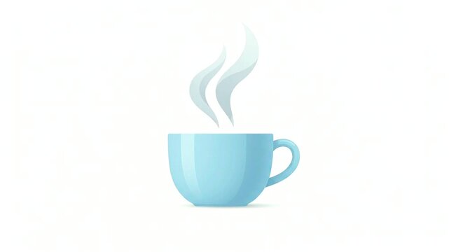 a light blue coffee mug sits on a white background with gentle steam rising above the drink