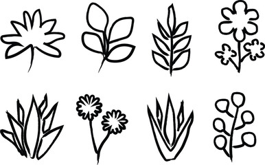 Fototapeta premium Minimalist hand-drawn botanical line art set with leaves and flowers for modern design
