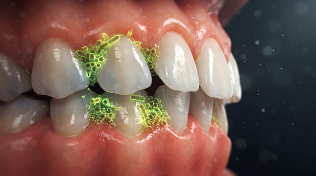 Close-up medical illustration of human teeth and gums with green bacteria and plaque biofilm buildup, highlighting dental hygiene and gingivitis.