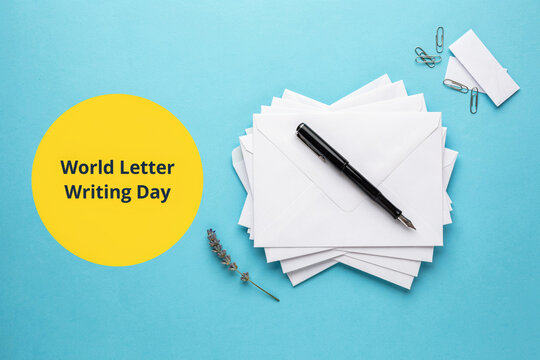 World letter writing day composition with stack of envelopes and fountain pen envelope stationery correspondence communication background celebration supplies