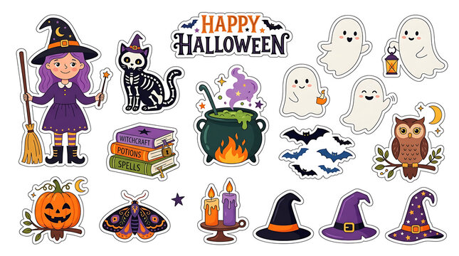Halloween character and holiday decoration sticker set for festive designs