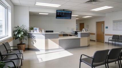 Fototapeta premium Bright healthcare facility entrance with modern reception counter and contemporary waiting room furnishings.