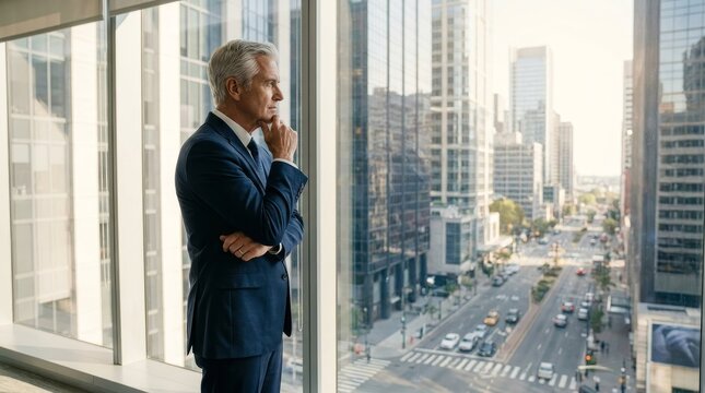 Thoughtful Senior Businessman Gazing at City Skyline from High-Rise Office Window, Visionary Leadership and Strategic Planning Concept