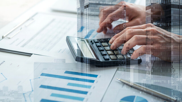 Accountant working on financial data with double exposure of city skyscrapers