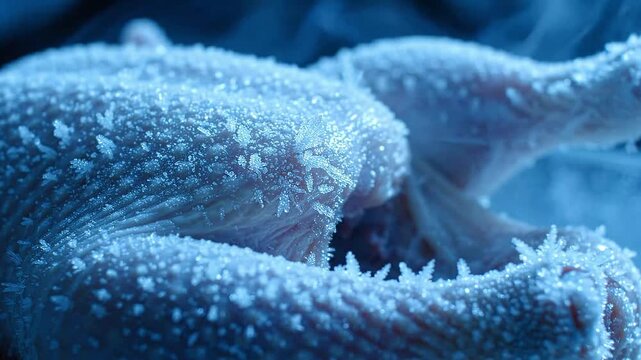 Close Up of Intricate Needle Ice Crystals Formed on Whole Raw Chicken