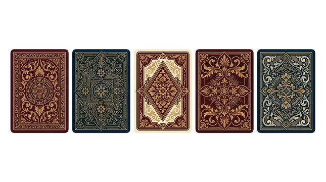 Vintage playing card back designs, set of 5 ornate vector illustrations with Victorian filigree, luxury poker card patterns in gold and burgundy