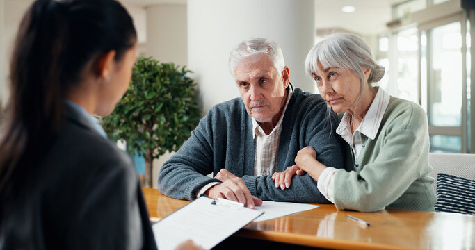 Financial advisor, documents and senior couple in office with life insurance policy for survey. Talking, paperwork and accountant with elderly man and woman for planning retirement or pension funds.
