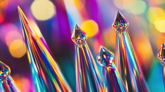 Close-up of iridescent ferrofluid spikes with bokeh background