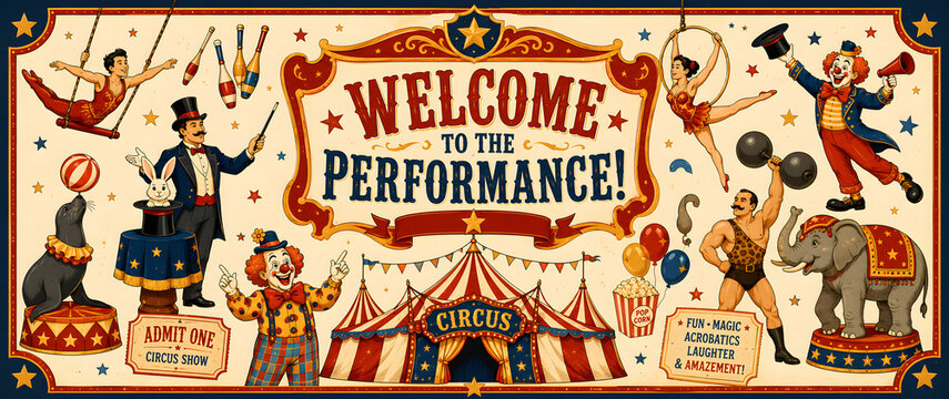 Vintage circus welcome performance poster with performers