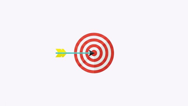 a flat design animation of an arrow flying and hitting the bullseye on a red target