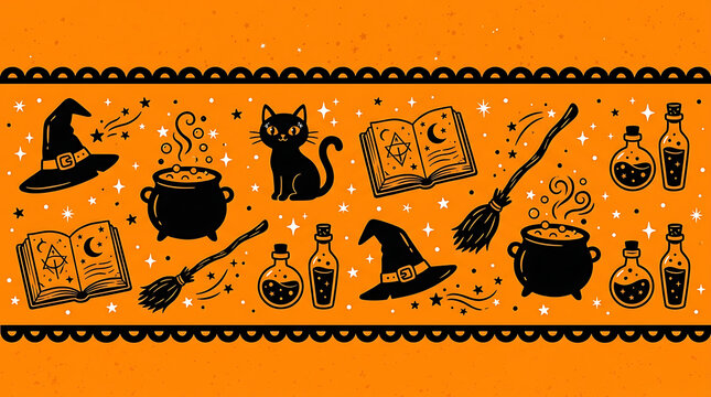Halloween pattern border with black magic icons halloween cauldron background