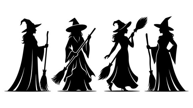 Four silhouettes of women in witch costumes holding brooms with silhouette