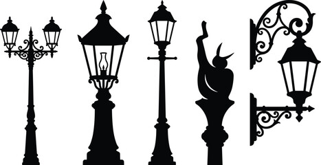 Obraz premium Vintage Street Lamppost and Lantern Vector Set Featuring Ornate Black Silhouettes of Antique Victorian Gas Light Posts Wall Mounted Sconce and Decorative Pillars