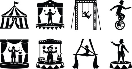 Naklejka premium Circus Performance Silhouette Vector Icon Set with Carnival Entertainment Collection
