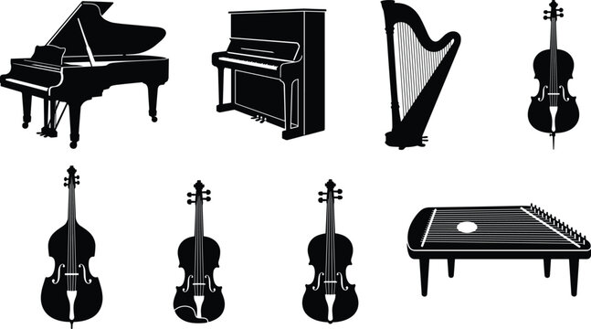 Classical String and Keyboard Musical Instruments Silhouettes Set Vector Illustration Isolated on White Background
