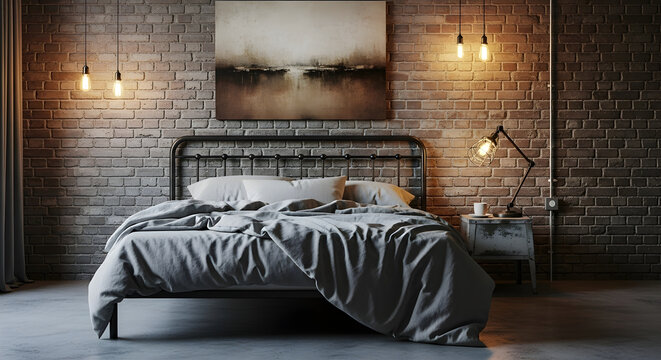 Modern industrial bedroom interior with brick wall Edison bulb lighting and cozy bed