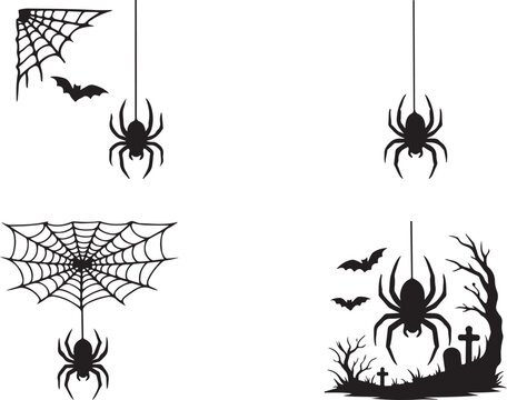 a spider hanging from a web, halloween silhouette vector