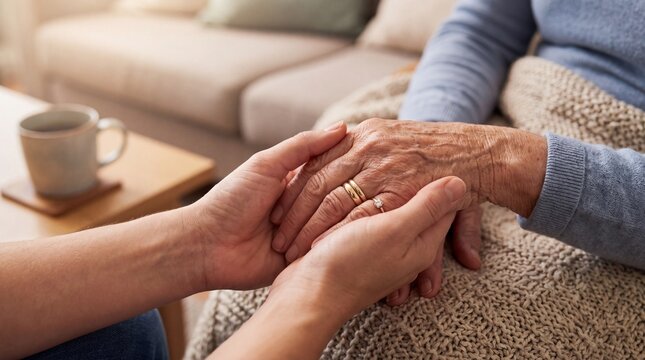 Caregiver comforting elderly patient by holding hands, showing empathy, support and compassion, Two generations holding hands together over a cozy blanket, symbolizing aging, love, and togetherness