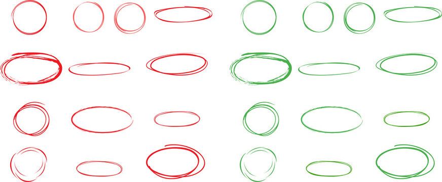 Hand drawn green red circle Detailed set of hand drawn circle and oval shapes in black green and red for graphic design Hand drawn circle frames collection in red and green colors
