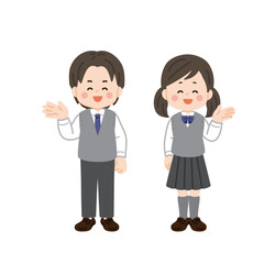 Fototapeta premium 片手を横に出して案内するベストの制服の学生