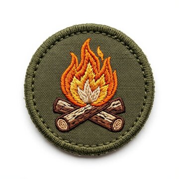 Campfire burning with crackling flames in a round patch. Cozy outdoor fire symbol for camping and survival badges.
