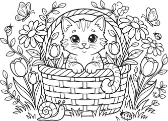 coloring book cute cat basket with flowers
