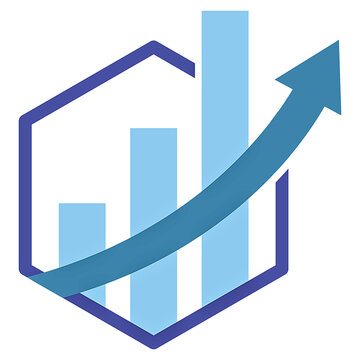 Business financial growth logo design, hexagon bar chart with rising arrow symbol vector illustration isolated on white background
